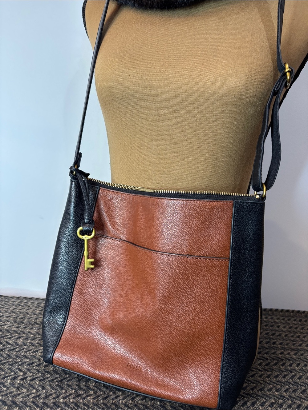 Fossil Two-Tone Brown and Black Leather Messenger Bag with Key Charm